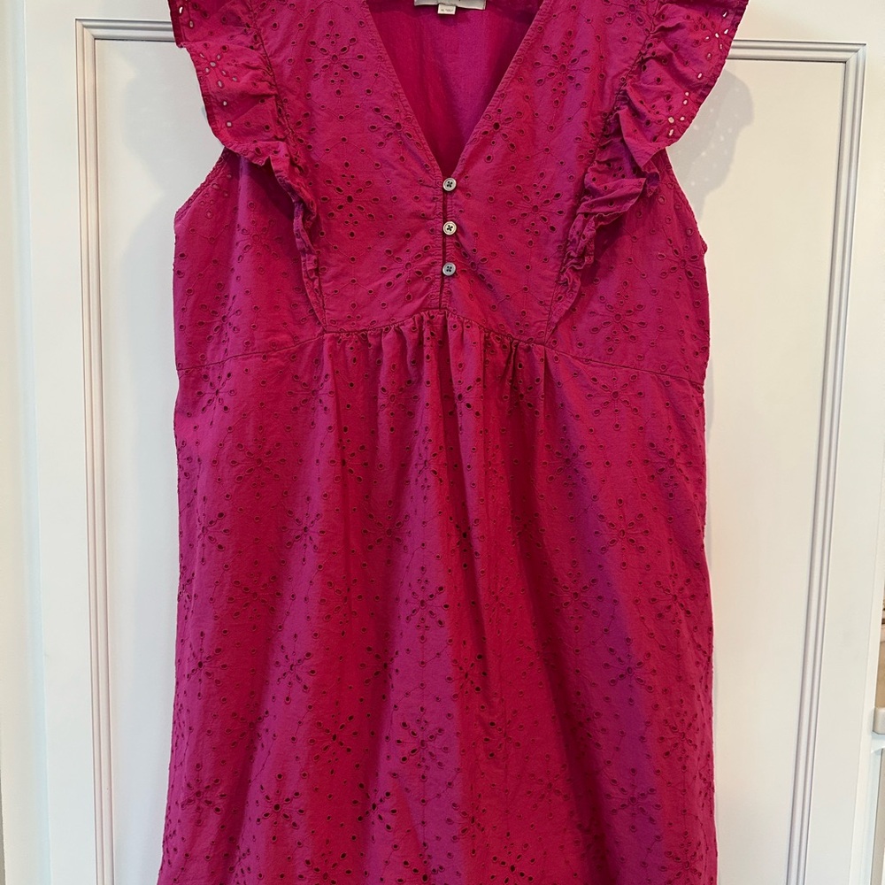 LOFT Fuschia Eyelet button ruffle swing dress size XL - Picture 3 of 10